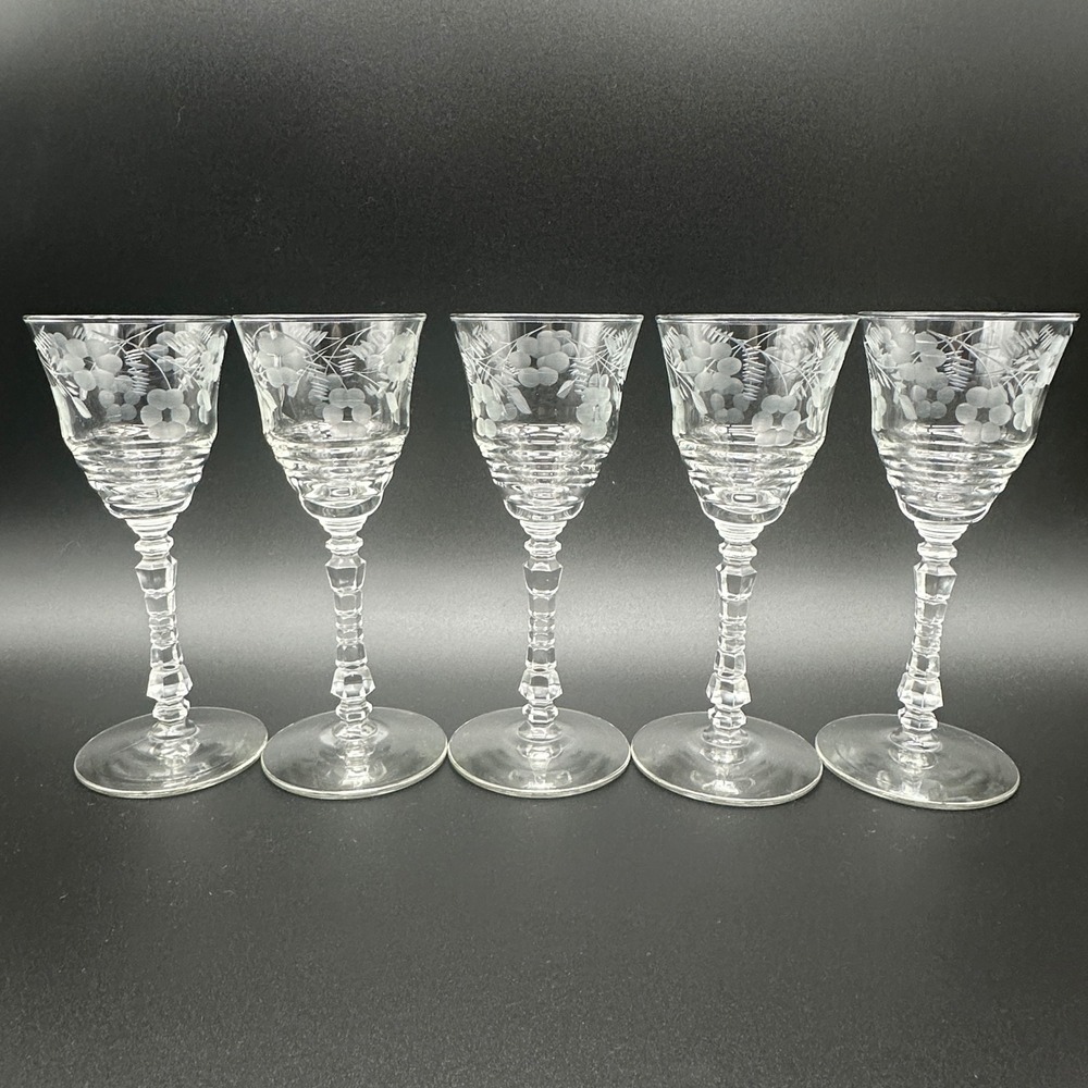 Libbey Rock Sharpe Halifax Wine Glasses Etched Floral Faceted Stem Set of 5